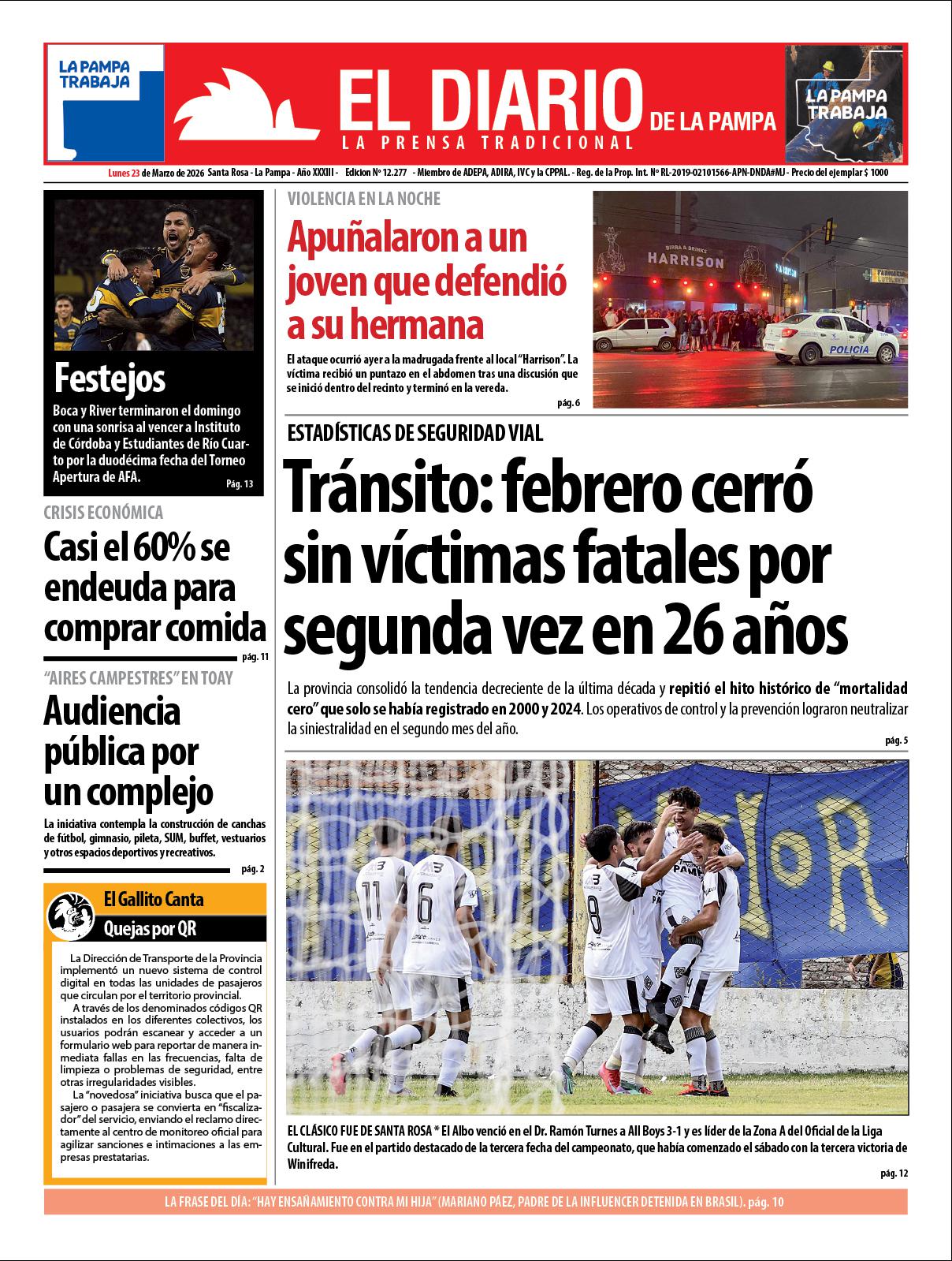 Tapa de El Diario en papel  lunes 23 de marzo de 2026